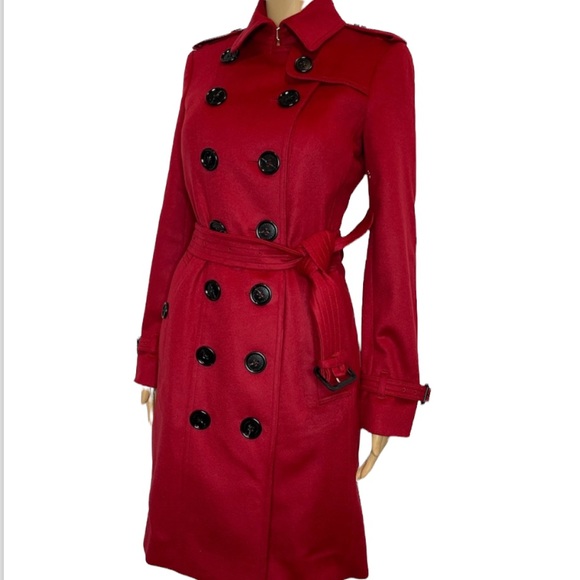 Burberry Sandringham 100% Cashmere Check Collar Red Trench Coat size 04 US